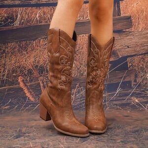 Veloura Brown Western Cowboy Boots Embroidered Mid Calf Chunky Heel Summer Boots